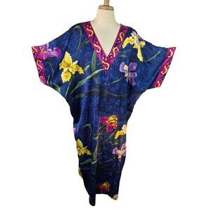 Calypso by Delicates 90s Tropical Caftan Dress Womens OS Pastel Floral on Blue